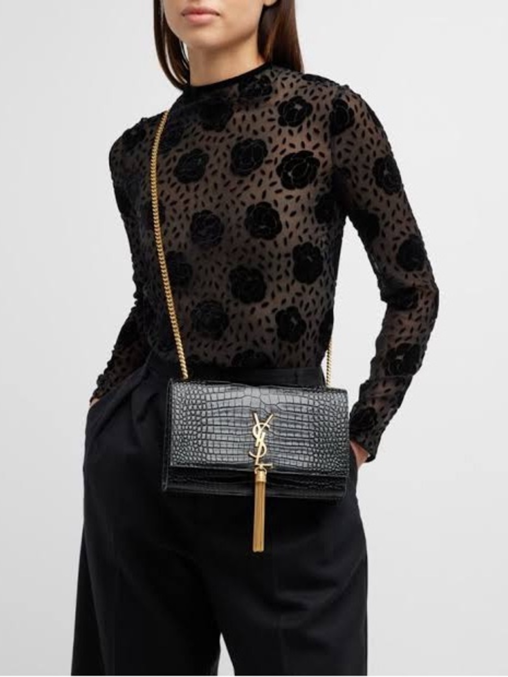 Saint Laurent Black Croc-Embossed Tassel Chain Crossbody Bag